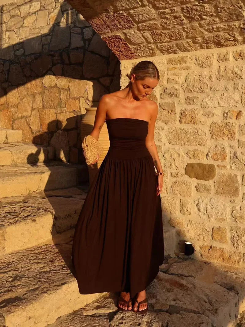 Beryl | Women's Brown Strapless Sundress with Gathered Bodice