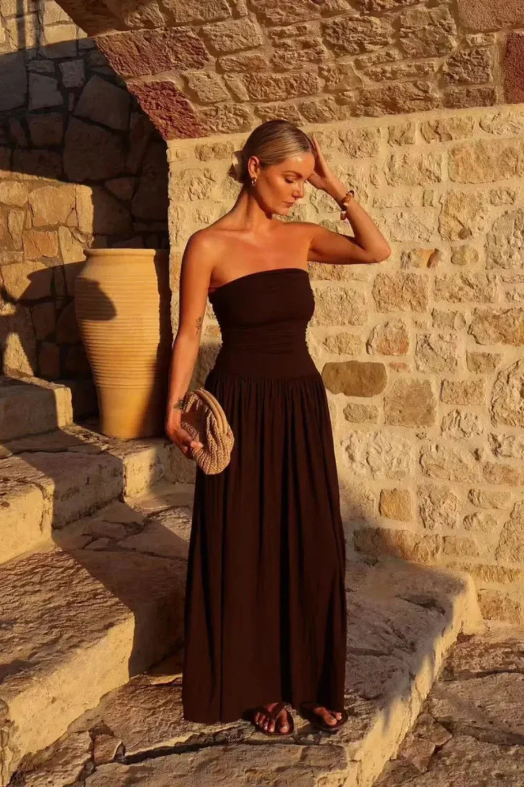 Beryl | Women's Brown Strapless Sundress with Gathered Bodice