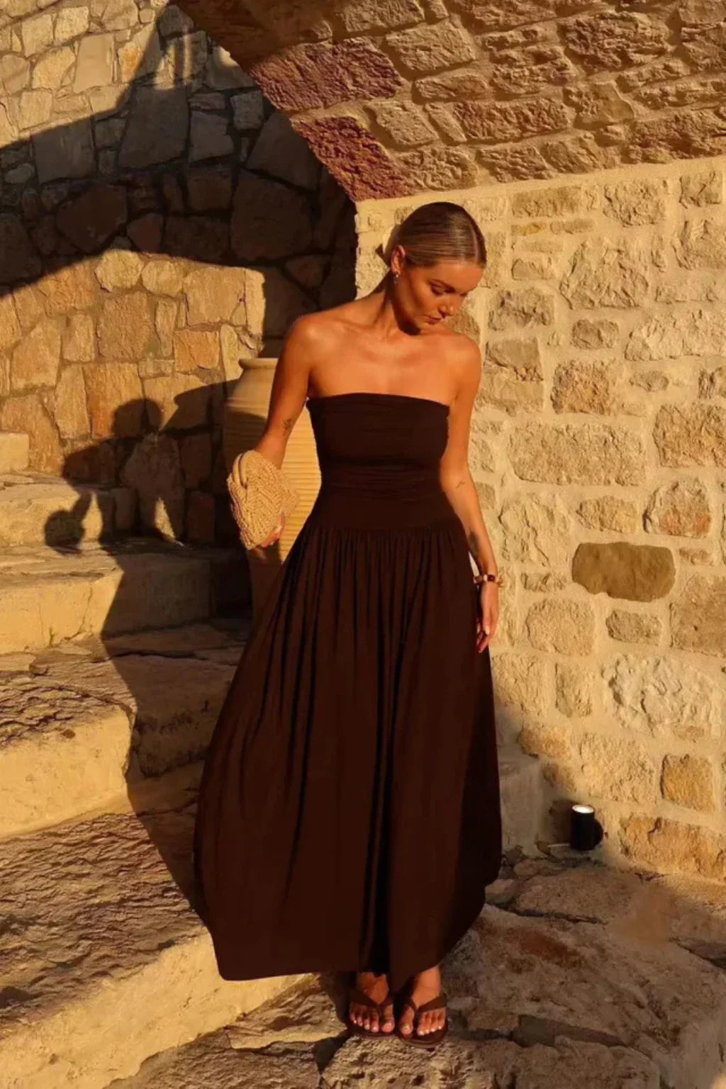 Beryl | Women's Brown Strapless Sundress with Gathered Bodice
