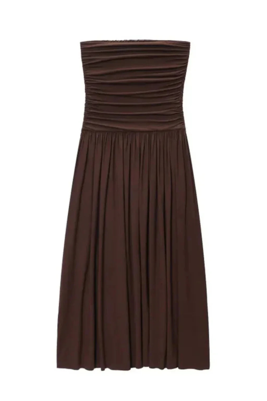 Beryl | Women's Brown Strapless Sundress with Gathered Bodice