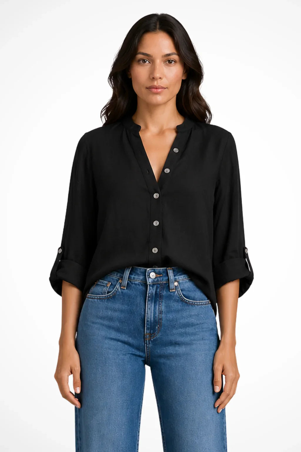 Beth | Women's Button Up Shirt with Long Sleeve and Band Collar