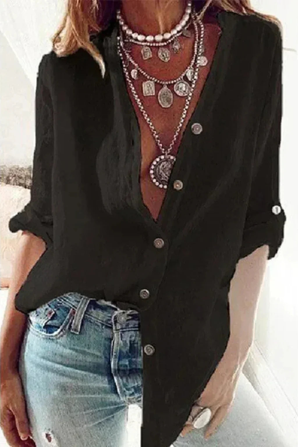Beth | Women's Button Up Shirt with Long Sleeve and Band Collar