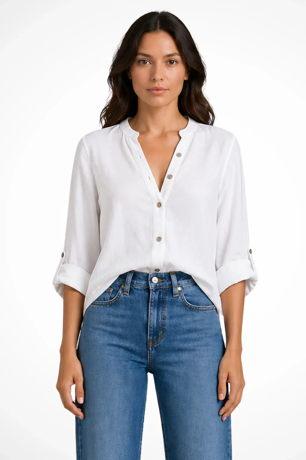Beth | Women's Button Up Shirt with Long Sleeve and Band Collar