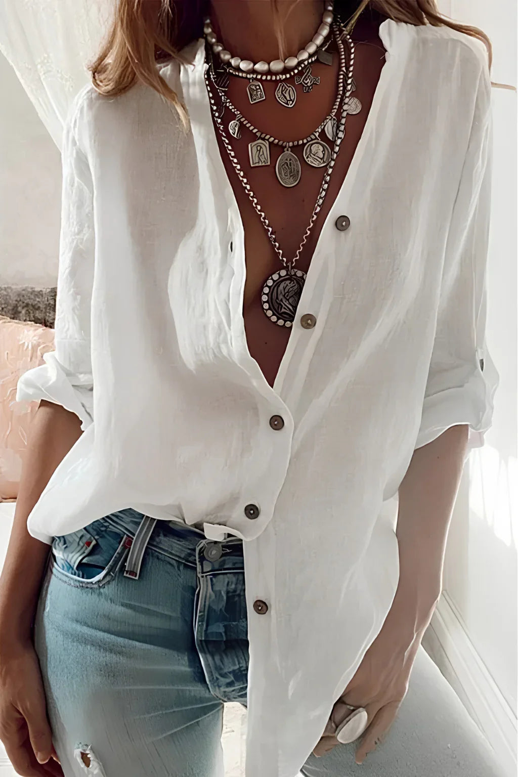 Beth | Women's Button Up Shirt with Long Sleeve and Band Collar