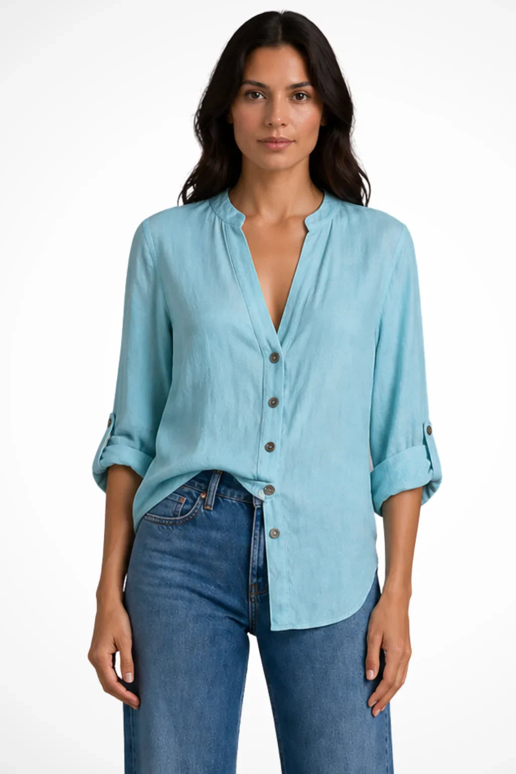 Beth | Women's Button Up Shirt with Long Sleeve and Band Collar