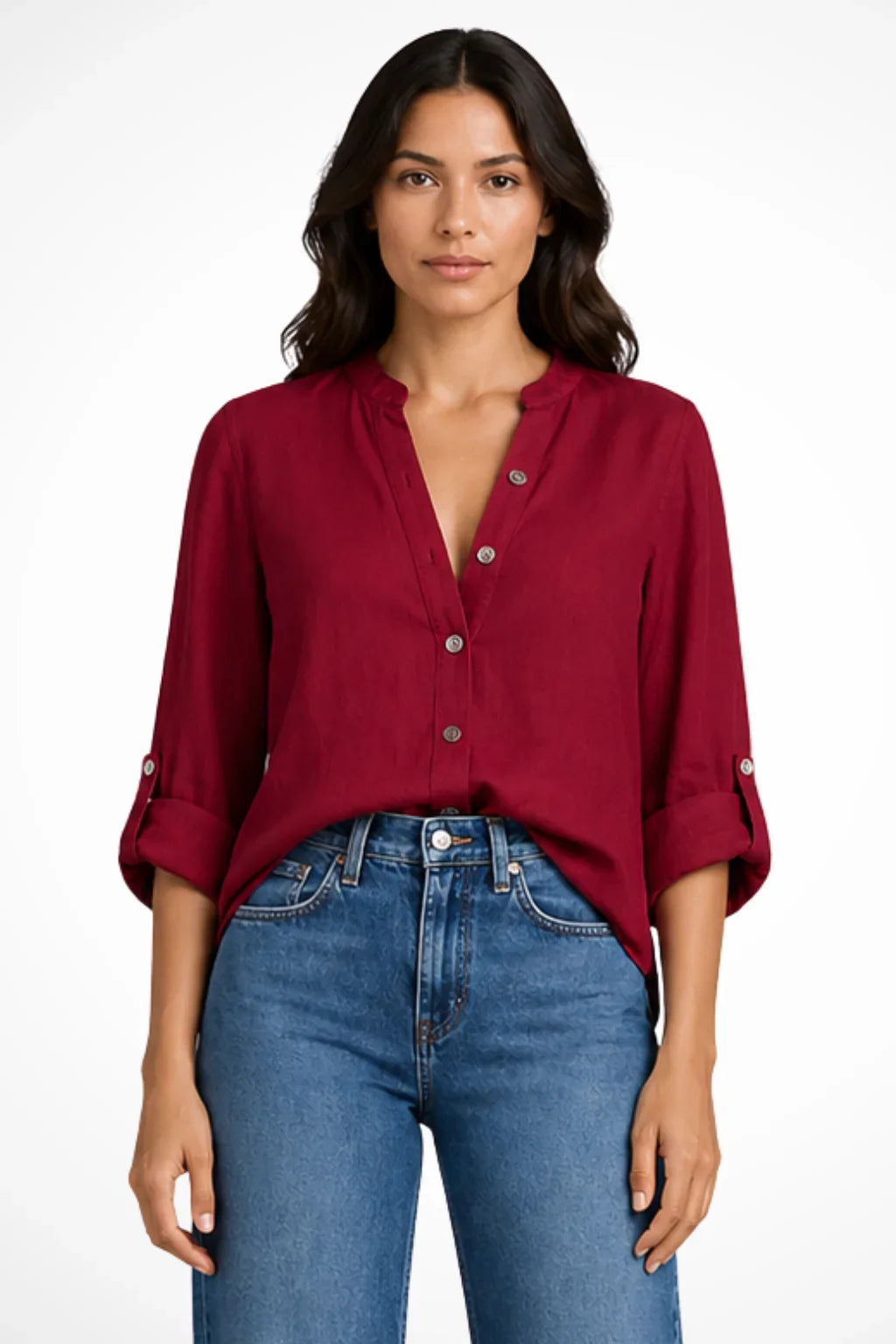 Beth | Women's Button Up Shirt with Long Sleeve and Band Collar