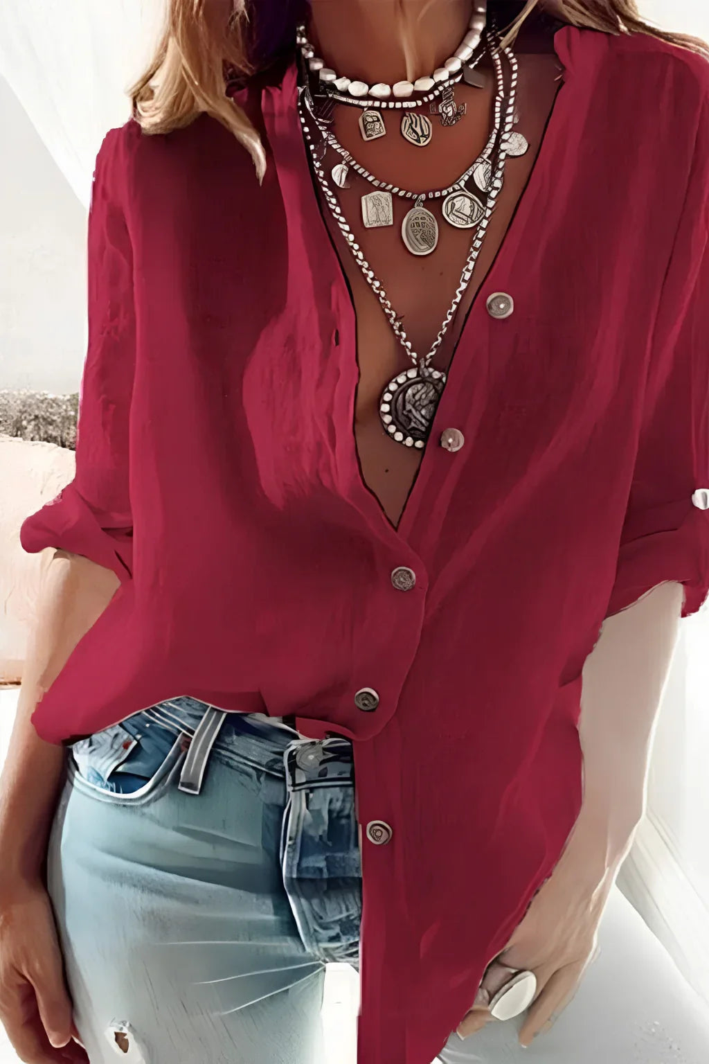 Beth | Women's Button Up Shirt with Long Sleeve and Band Collar