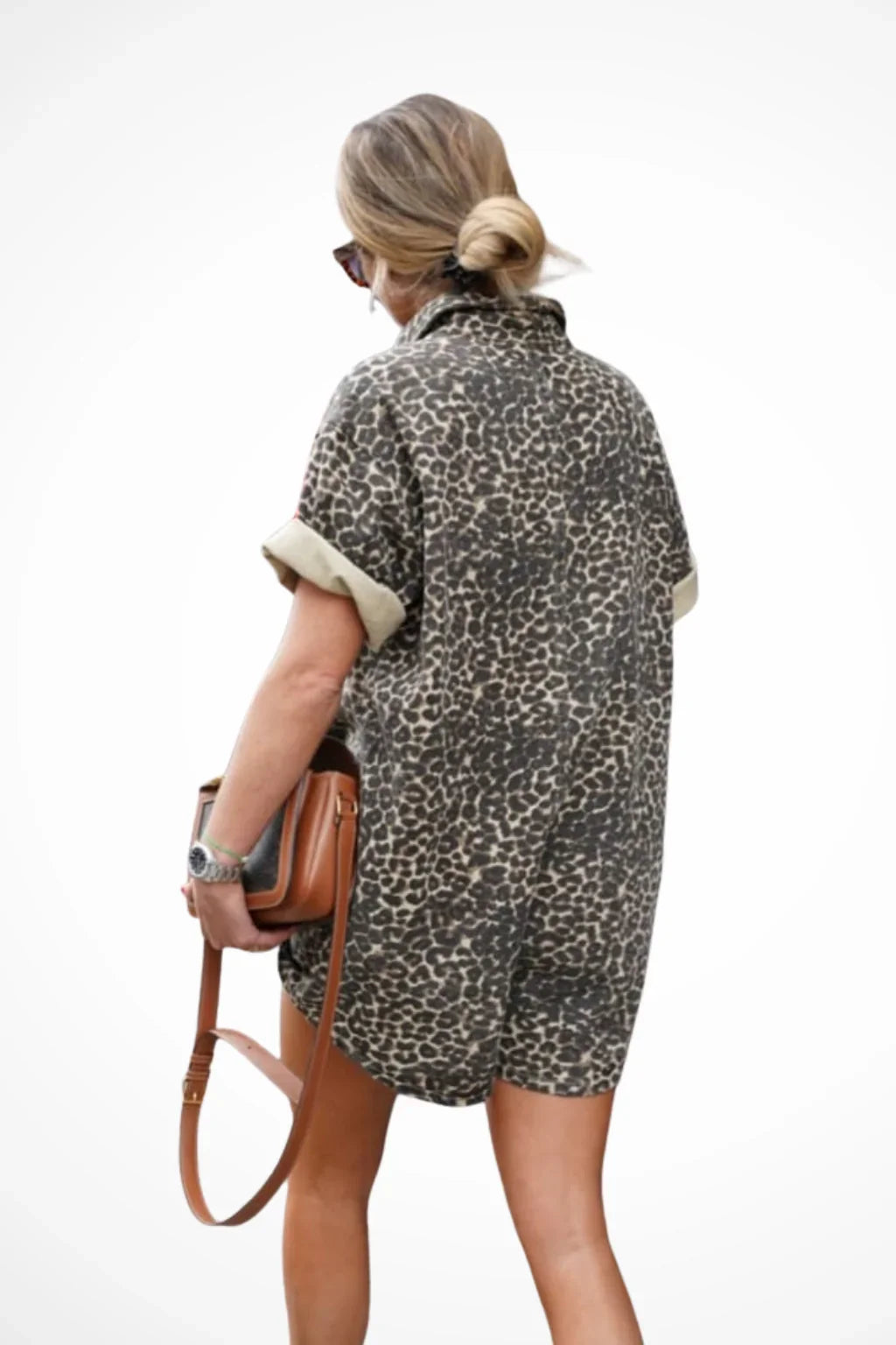 Bethany | Women's Cheetah Print Button Up Jumpsuit with Short Sleeves