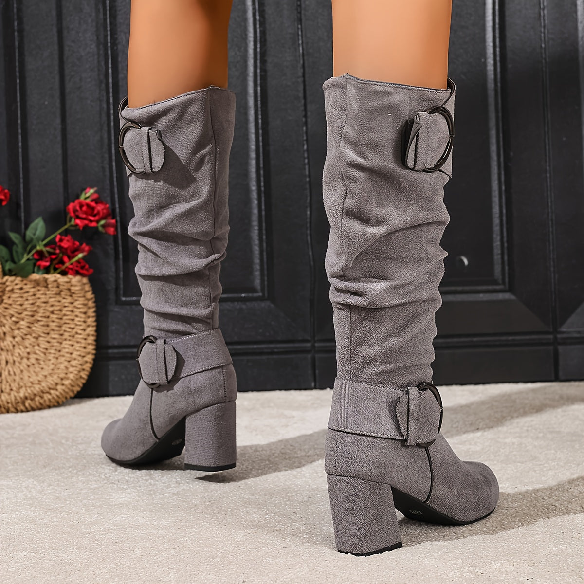 Women's Knee High Boots with Block Heel | Slouchy Shaft, Double Buckle and Side Zip | Size 5.5-10.5, 5 Colors