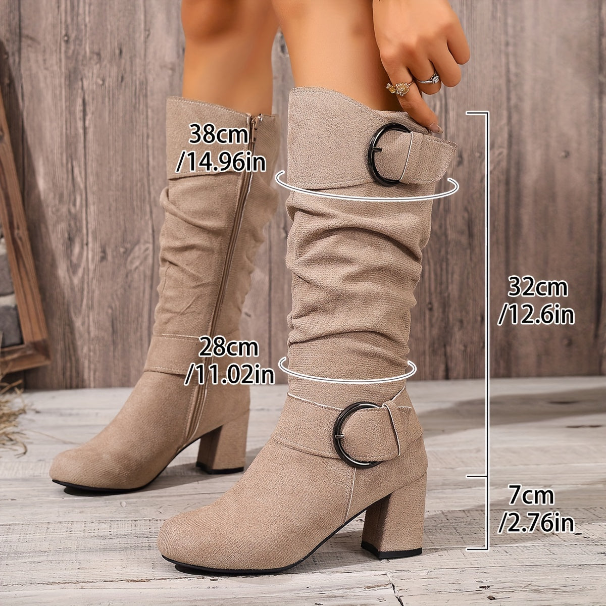 Women's Knee High Boots with Block Heel | Slouchy Shaft, Double Buckle and Side Zip | Size 5.5-10.5, 5 Colors