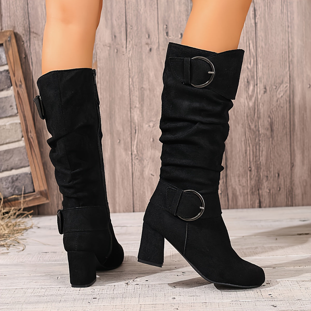 Women's Knee High Boots with Block Heel | Slouchy Shaft, Double Buckle and Side Zip | Size 5.5-10.5, 5 Colors