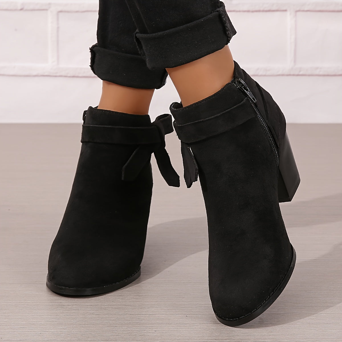 Women's Ankle Boots with Block Heel and Bow Back | Faux Suede Booties with Side Zip | Size 5-9.5, 7 Colors