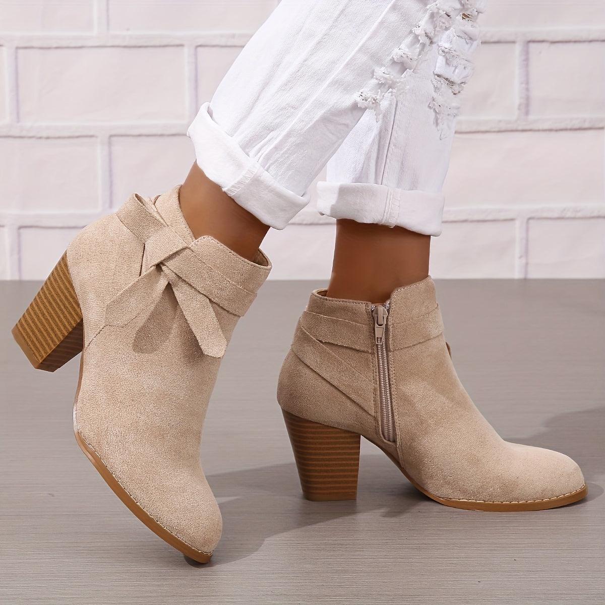 Women's Ankle Boots with Block Heel and Bow Back | Faux Suede Booties with Side Zip | Size 5-9.5, 7 Colors