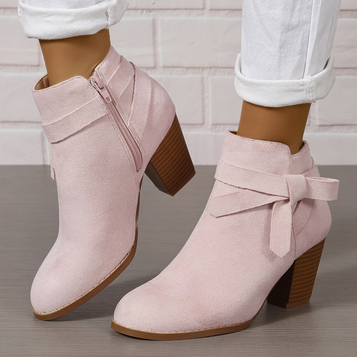 Women's Ankle Boots with Block Heel and Bow Back | Faux Suede Booties with Side Zip | Size 5-9.5, 7 Colors