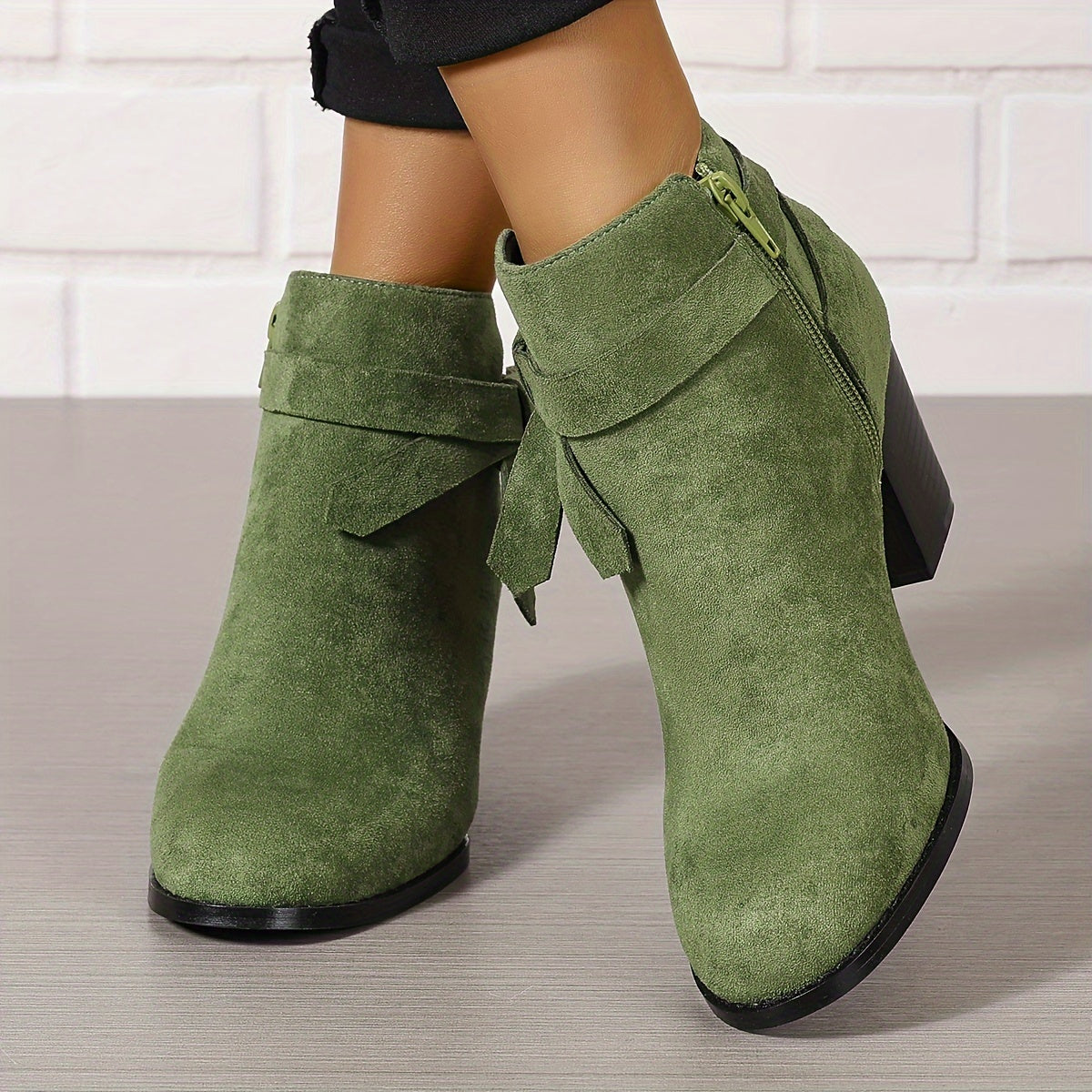 Women's Ankle Boots with Block Heel and Bow Back | Faux Suede Booties with Side Zip | Size 5-9.5, 7 Colors