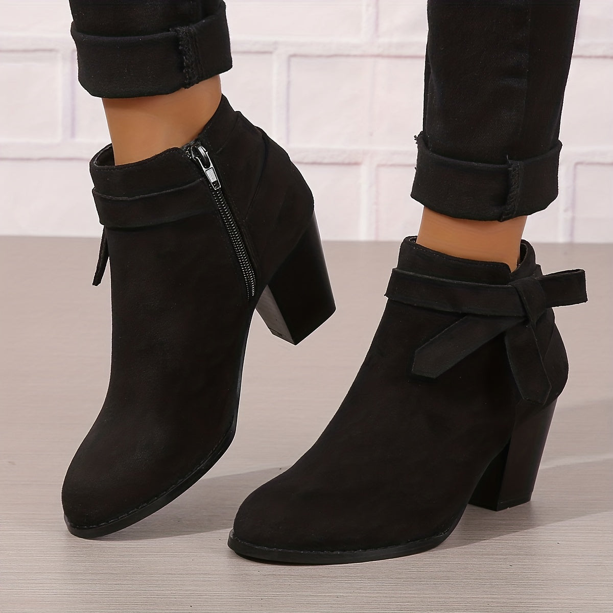 Women's Ankle Boots with Block Heel and Bow Back | Faux Suede Booties with Side Zip | Size 5-9.5, 7 Colors