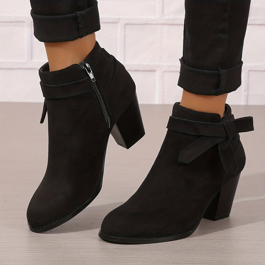 Women's Ankle Boots with Block Heel and Bow Back