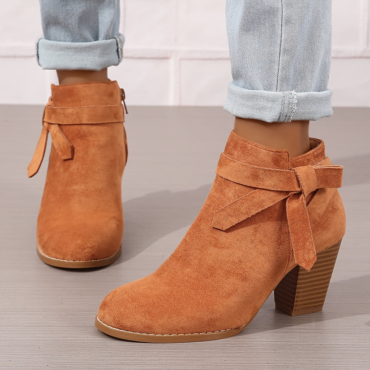 Women's Ankle Boots with Block Heel and Bow Back | Faux Suede Booties with Side Zip | Size 5-9.5, 7 Colors