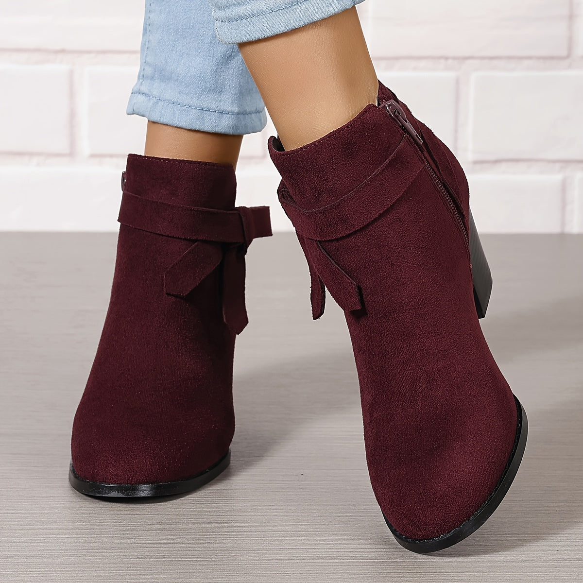 Women's Ankle Boots with Block Heel and Bow Back | Faux Suede Booties with Side Zip | Size 5-9.5, 7 Colors