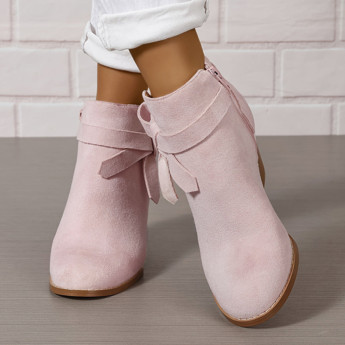 Women's Ankle Boots with Block Heel and Bow Back | Faux Suede Booties with Side Zip | Size 5-9.5, 7 Colors