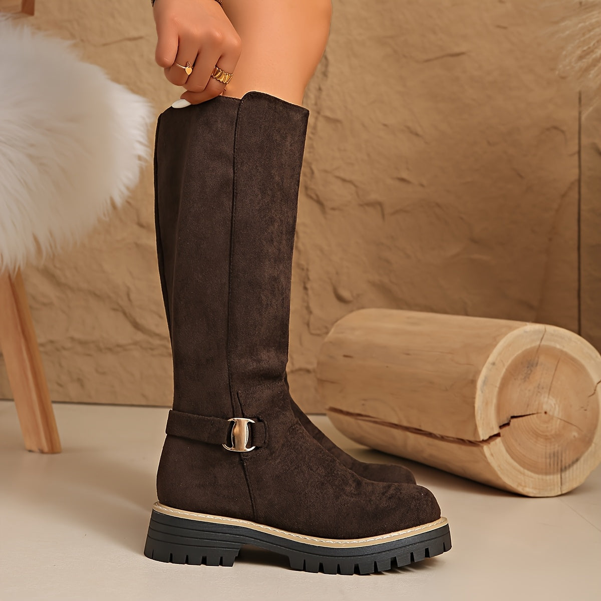 Women's Faux Suede Knee High Boots | Low Block Heel, Lug Sole and Side Zip for Cold Days | Size 5.5-10.5, 3 Colors