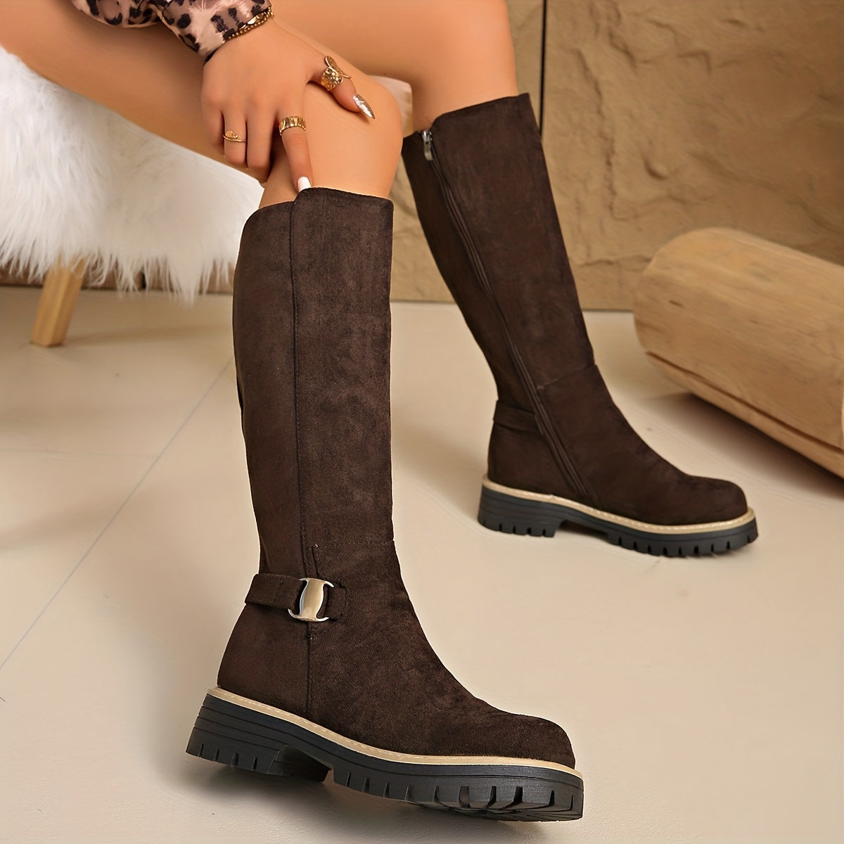 Mirabel Lug Sole Suede Knee High Boots