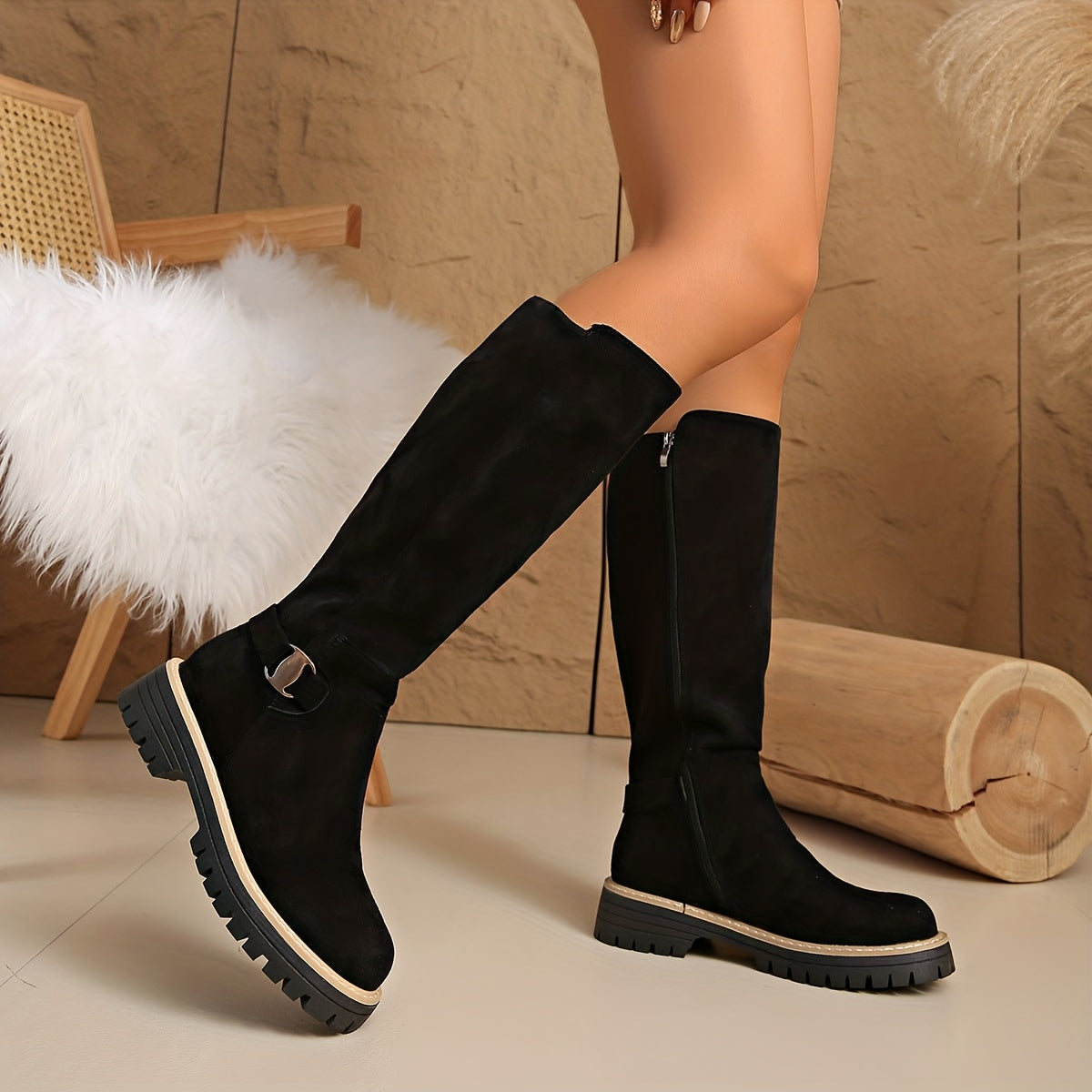 Women's Faux Suede Knee High Boots | Low Block Heel, Lug Sole and Side Zip for Cold Days | Size 5.5-10.5, 3 Colors