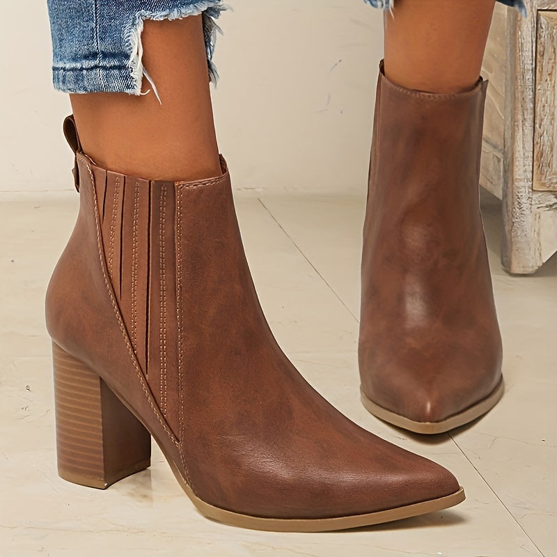 Women's Pointed Toe Ankle Boots | Wide Square Heel Booties with Stretch Back Panel | Size 5.5-10.5, Black or Brown