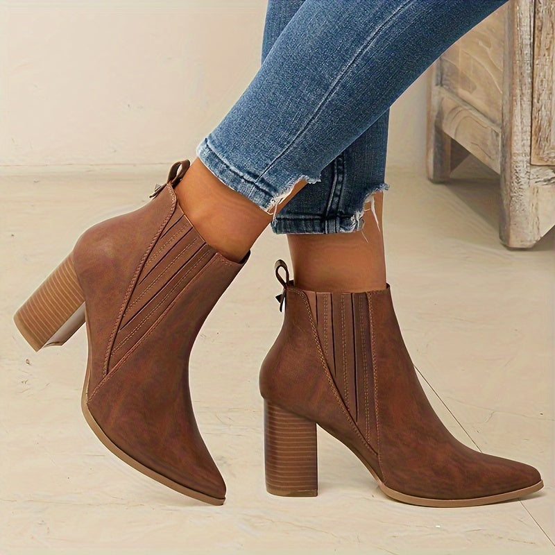Women's Pointed Toe Ankle Boots | Wide Square Heel Booties with Stretch Back Panel | Size 5.5-10.5, Black or Brown