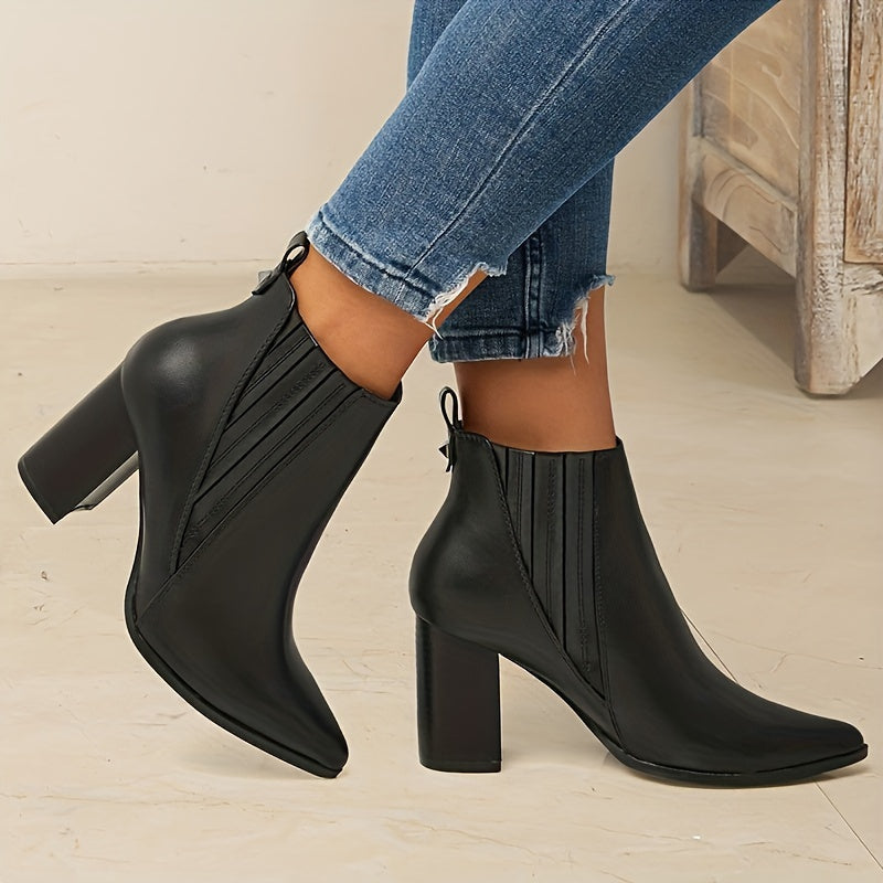 Women's Pointed Toe Ankle Boots | Wide Square Heel Booties with Stretch Back Panel | Size 5.5-10.5, Black or Brown
