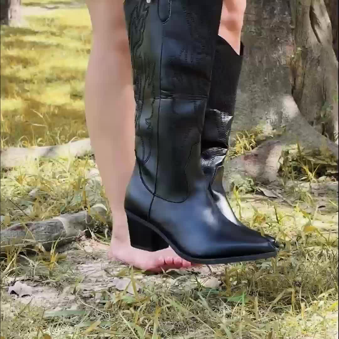 Women's Black Boots with Knee-High Shaft and Block Heel | Size 5-12 | Black