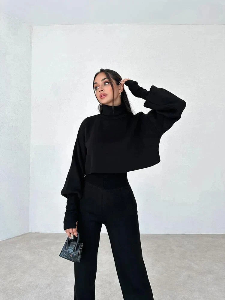 Women's Turtleneck Sweater Set with Relaxed Trousers