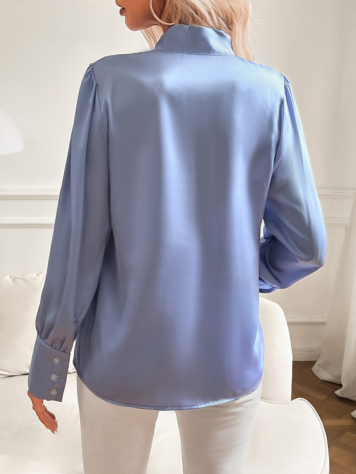 Women's Satin Bow Blouse with Stand Collar | Long Sleeves, Buttoned Cuffs, Regular Cut | Sizes XS to 3XL, 2 Colors