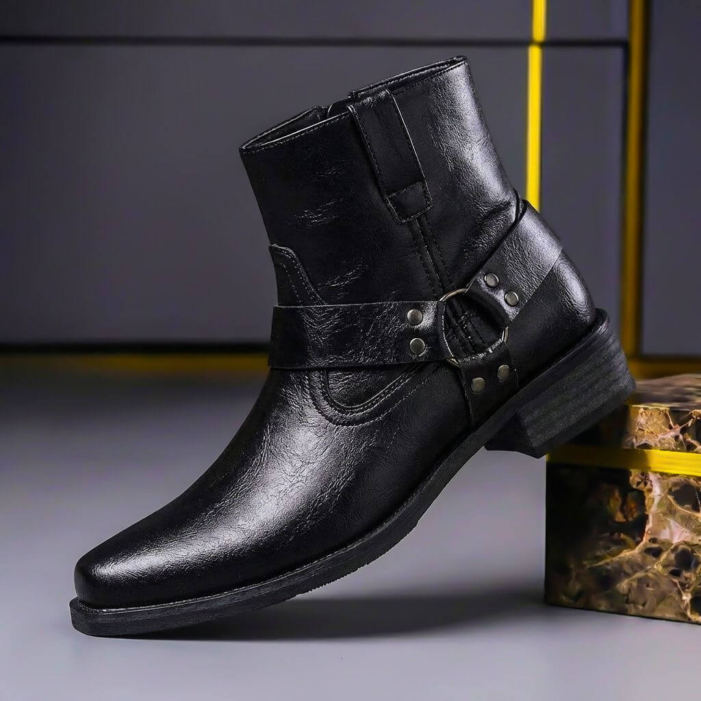 Philip | Mens Genuine Leather Boots with Metal Hardware | Cushioned Insoles, Slip-Resistant Sole | Cognac, Black US 7-12