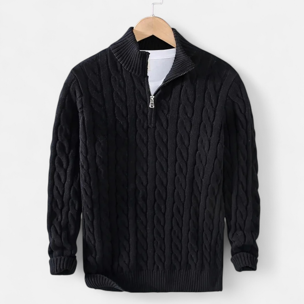 Men's Cable Knit Quarter-Zip Mock Neck Sweater