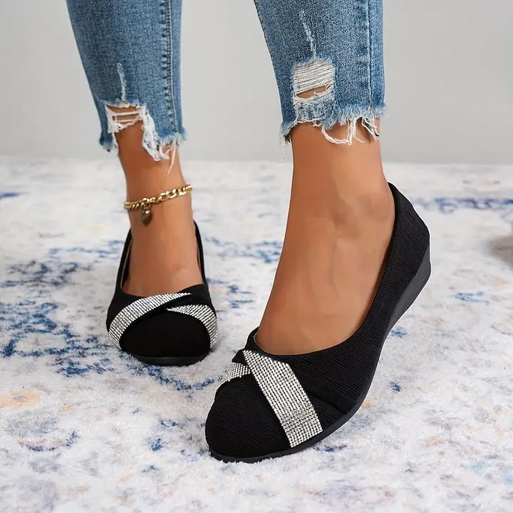 Rhinestone Flats - Pointed Toe Slip On Women's Black Shoes