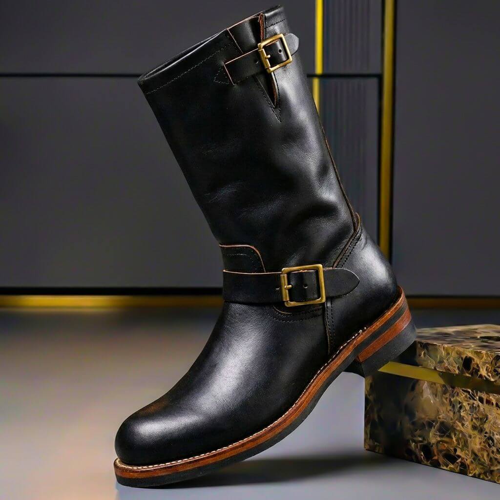 Sullivan | Mens Aged Leather Retro Boots with Buckles | Cushioned Insoles, Grip Sole | Brown, Burgundy and More US 6-14.5