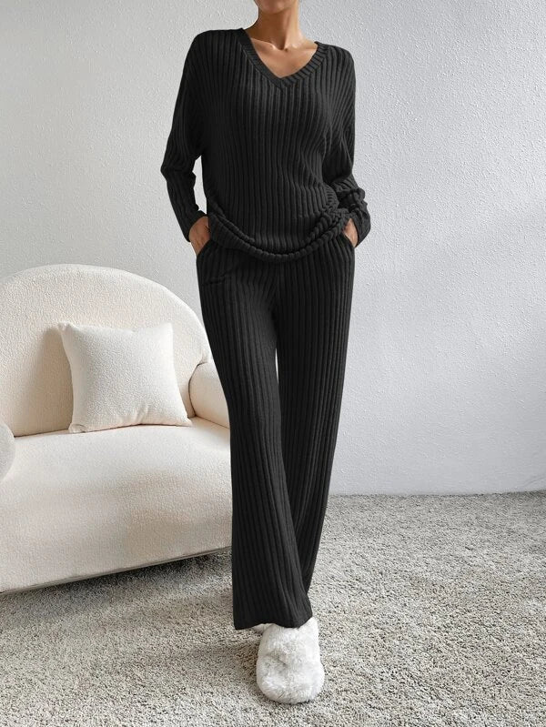 Women's Ribbed V-Neck Pullover Trouser Set, Long Sleeves