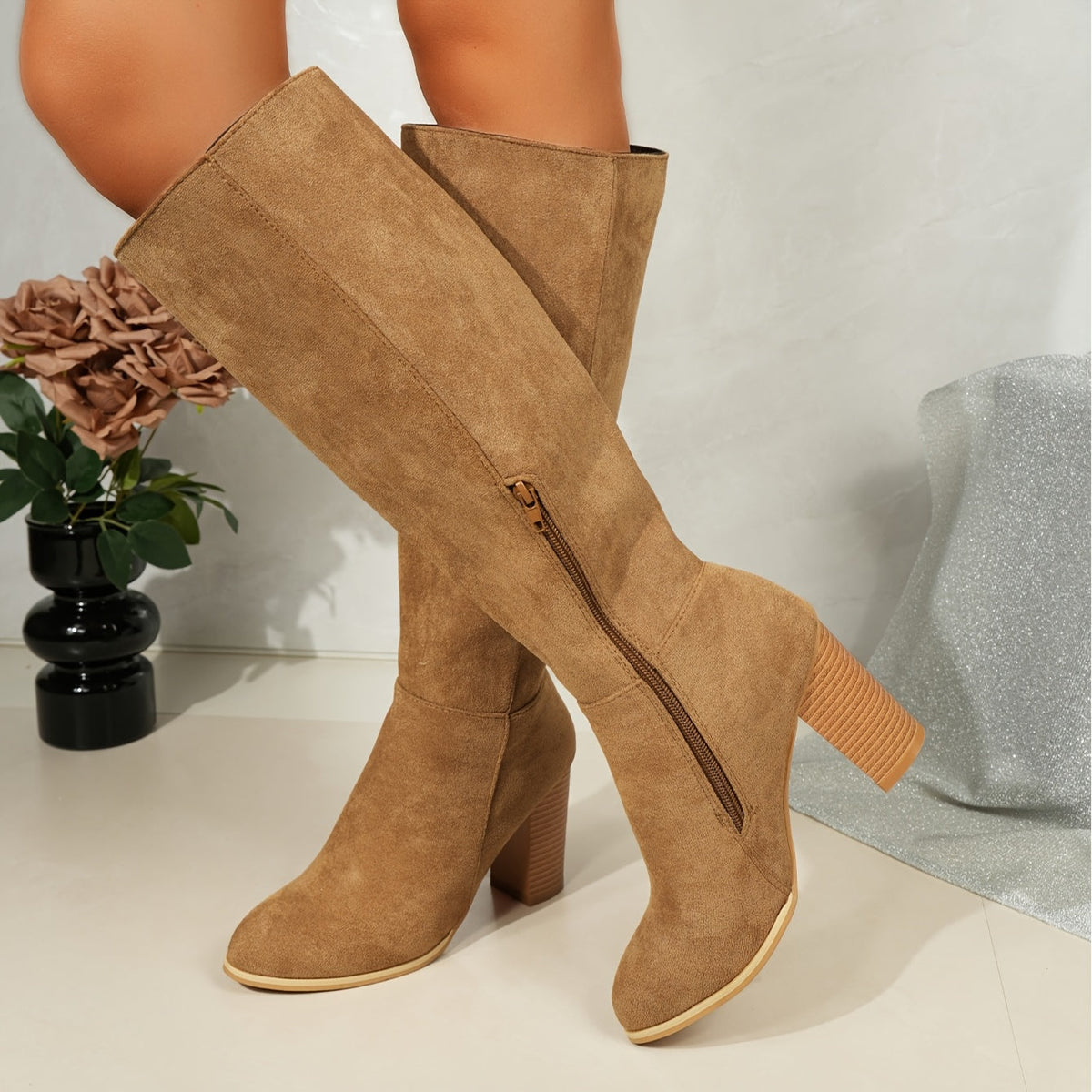 Women's Heeled Boots with Suede and Zip Closure | Size 5.5-12 | Black, Brown, Light Brown