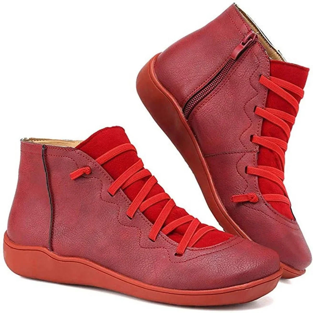 Flat Ankle Boots - Faux Leather Side Zip Women's Boots