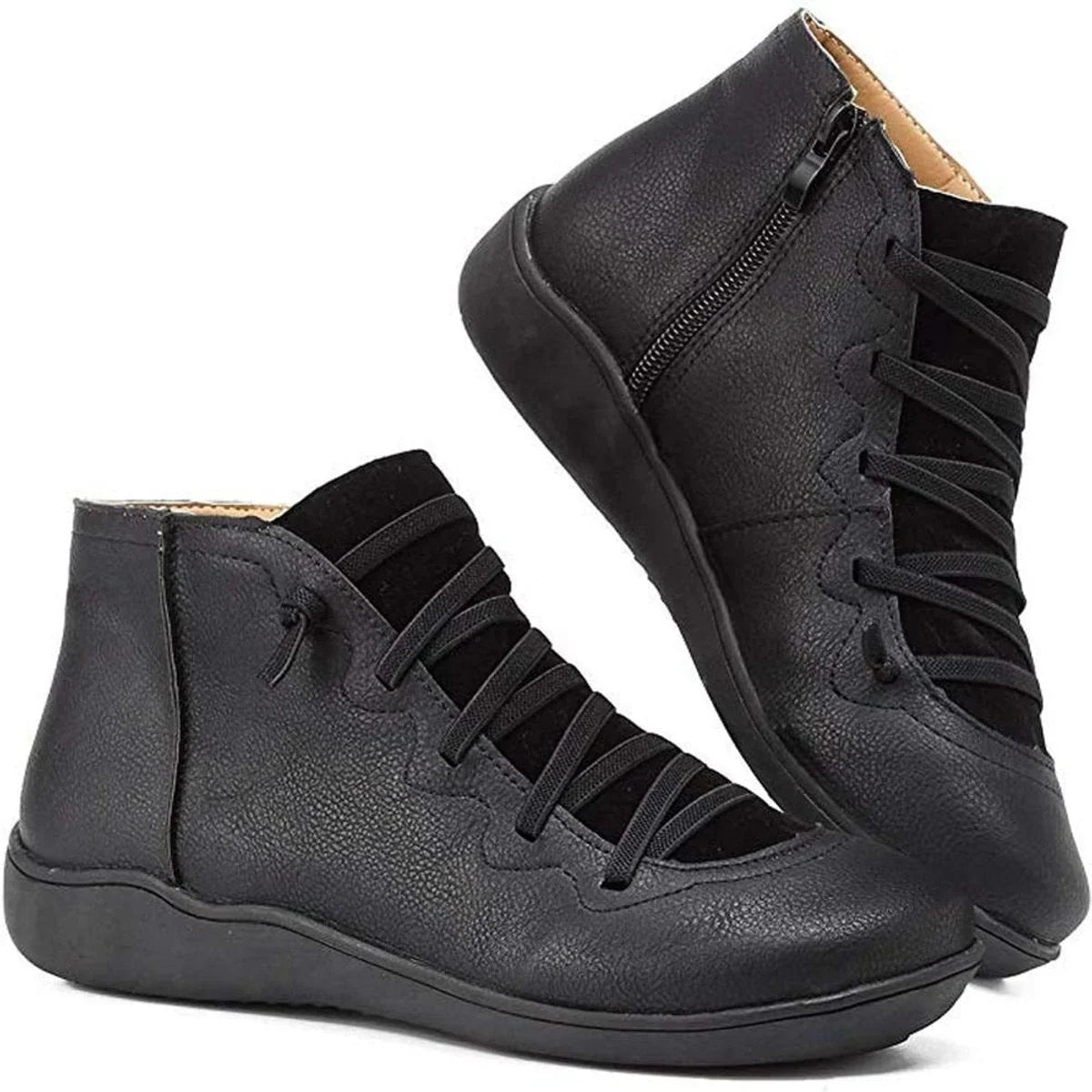 Flat Ankle Boots - Faux Leather Side Zip Women's Boots