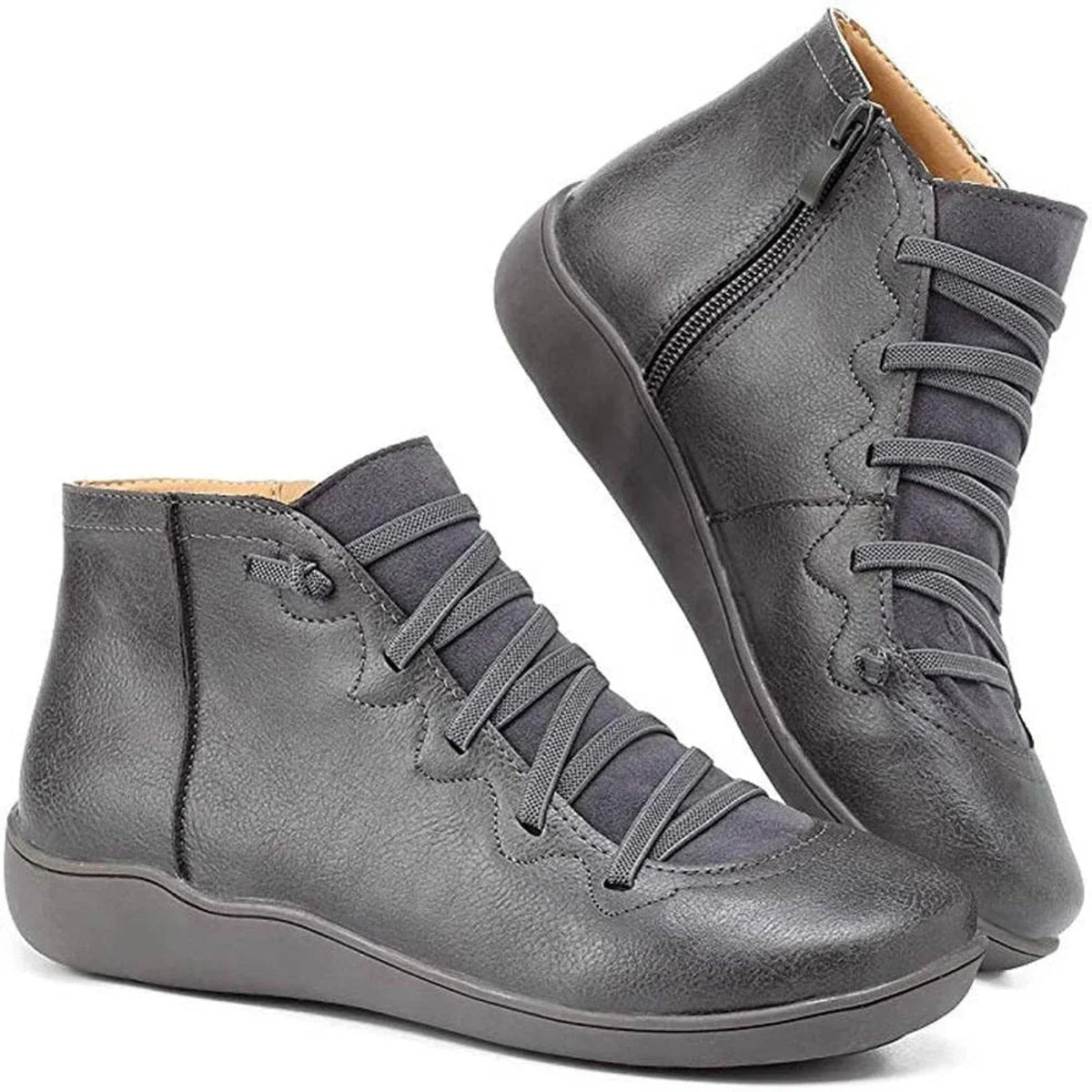 Flat Ankle Boots - Faux Leather Side Zip Women's Boots
