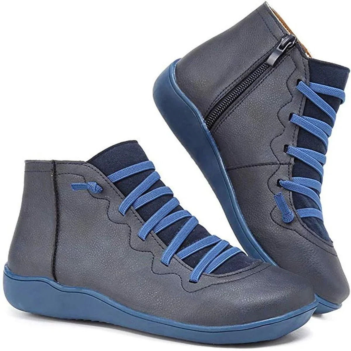 Flat Ankle Boots - Faux Leather Side Zip Women's Boots