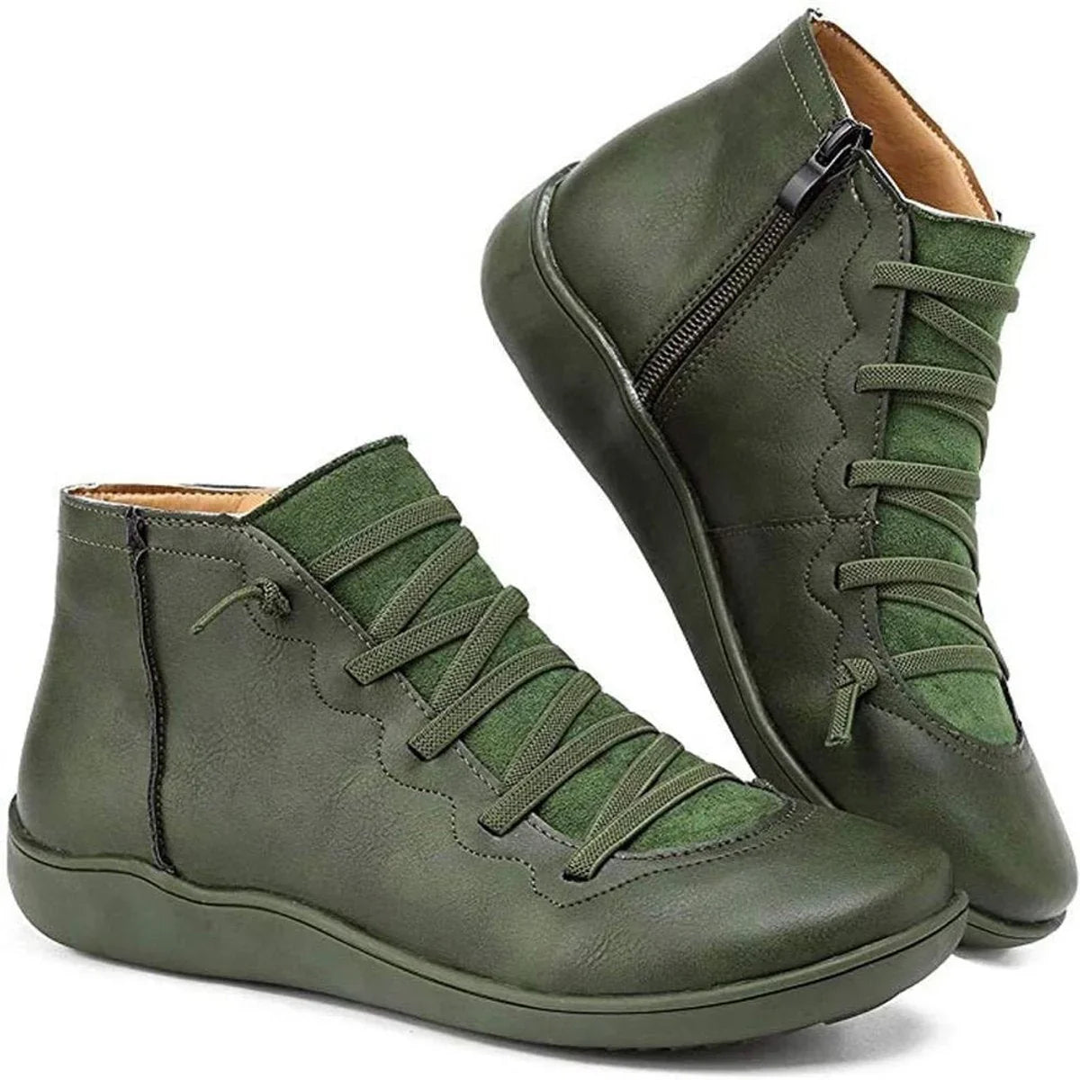 Flat Ankle Boots - Faux Leather Side Zip Women's Boots