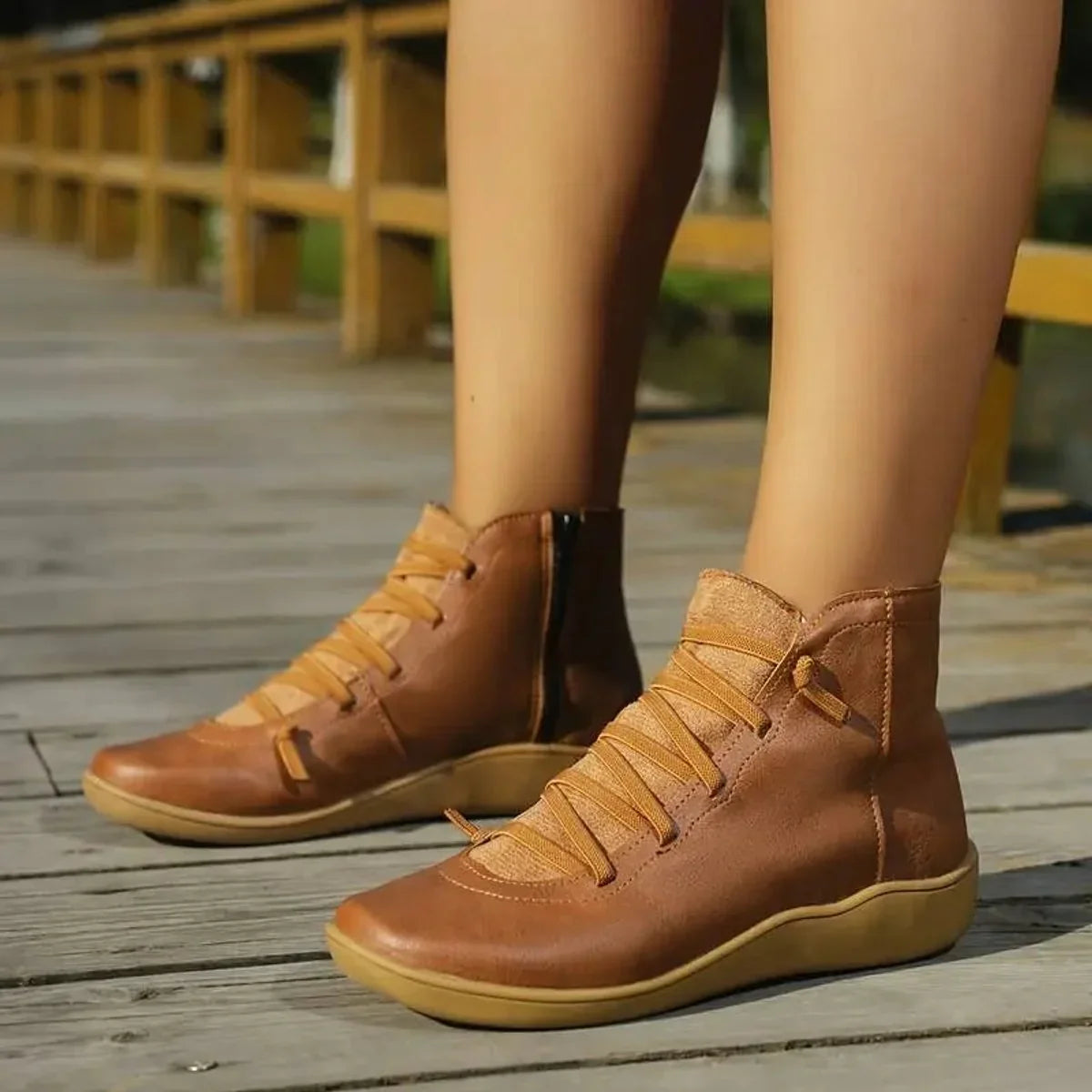 Flat Ankle Boots - Faux Leather Side Zip Women's Boots