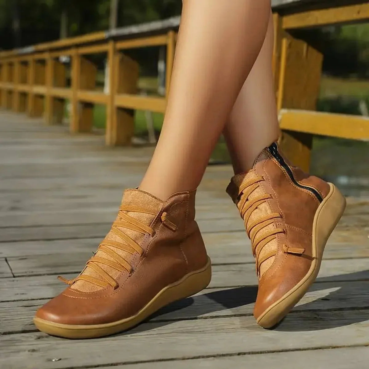 Flat Ankle Boots - Faux Leather Side Zip Women's Boots