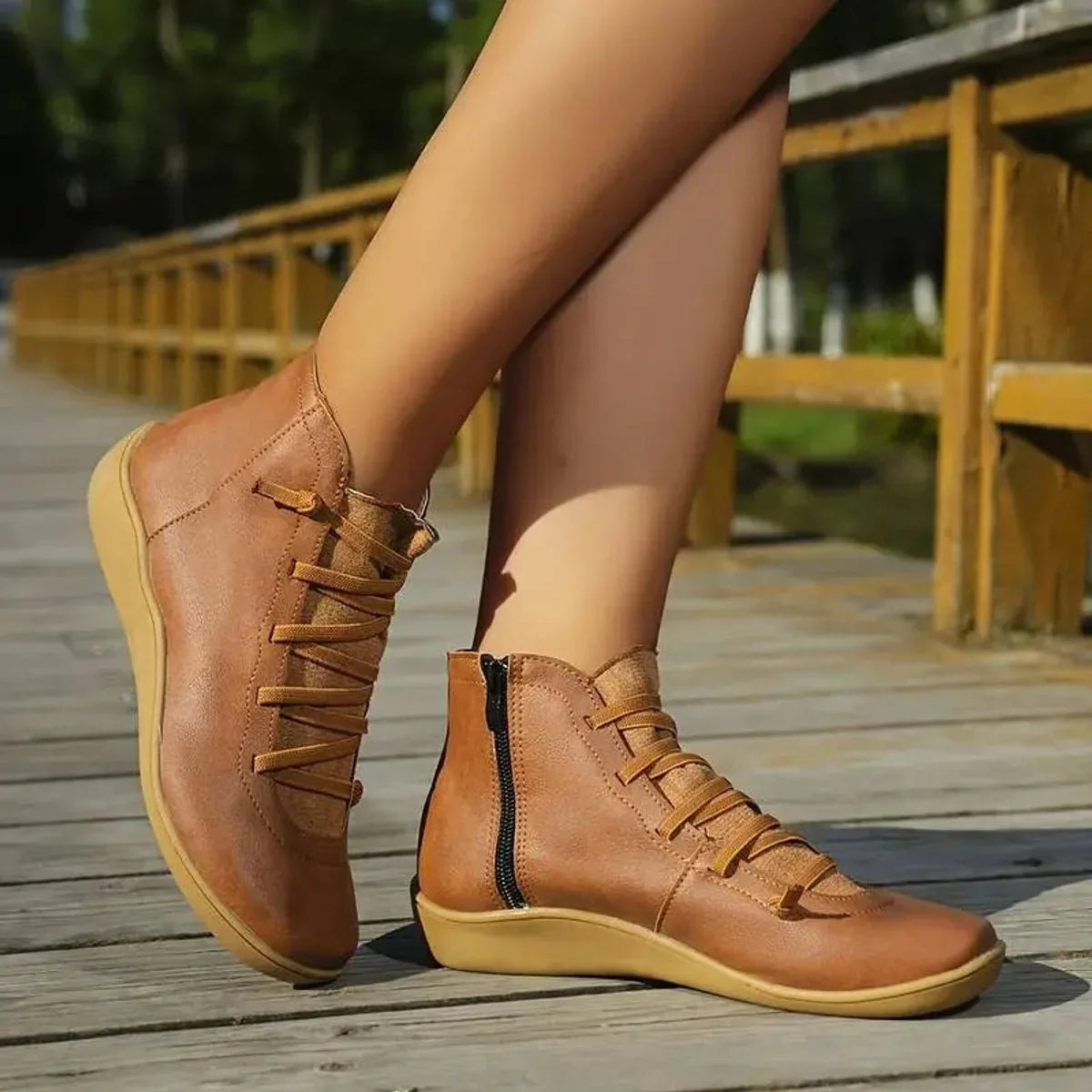 Flat Ankle Boots - Faux Leather Side Zip Women's Boots