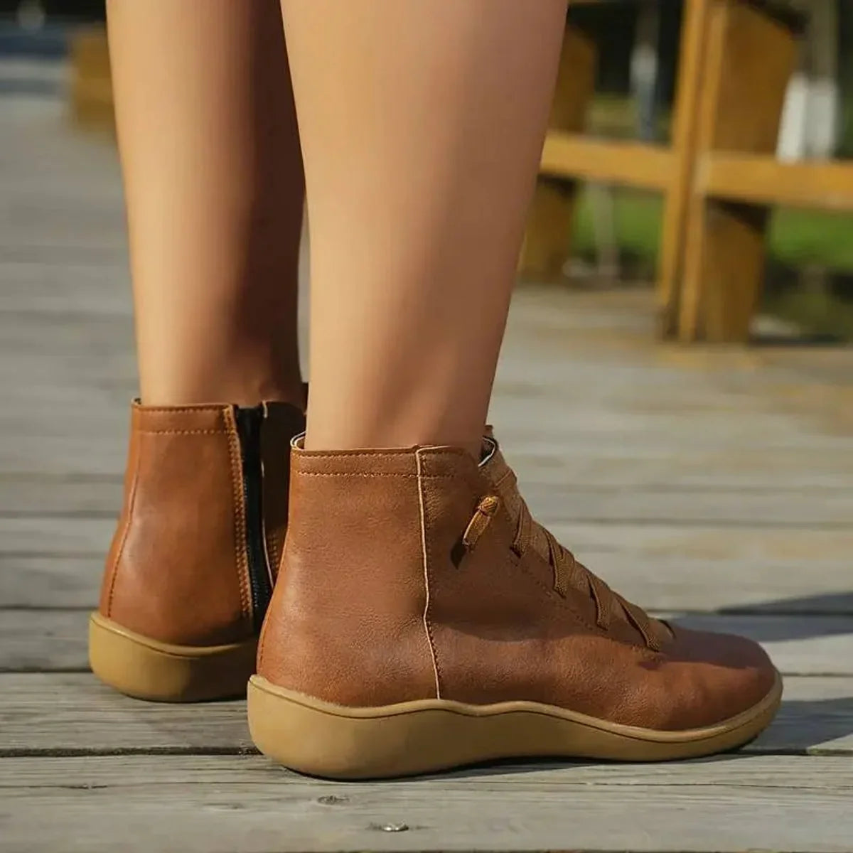 Flat Ankle Boots - Faux Leather Side Zip Women's Boots
