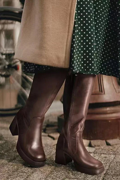 Boots For Women | Square Toe Chunky Block Side Zipper Knee-High Leather