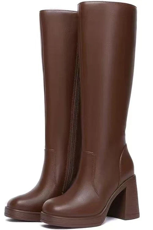 Boots For Women | Square Toe Chunky Block Side Zipper Knee-High Leather